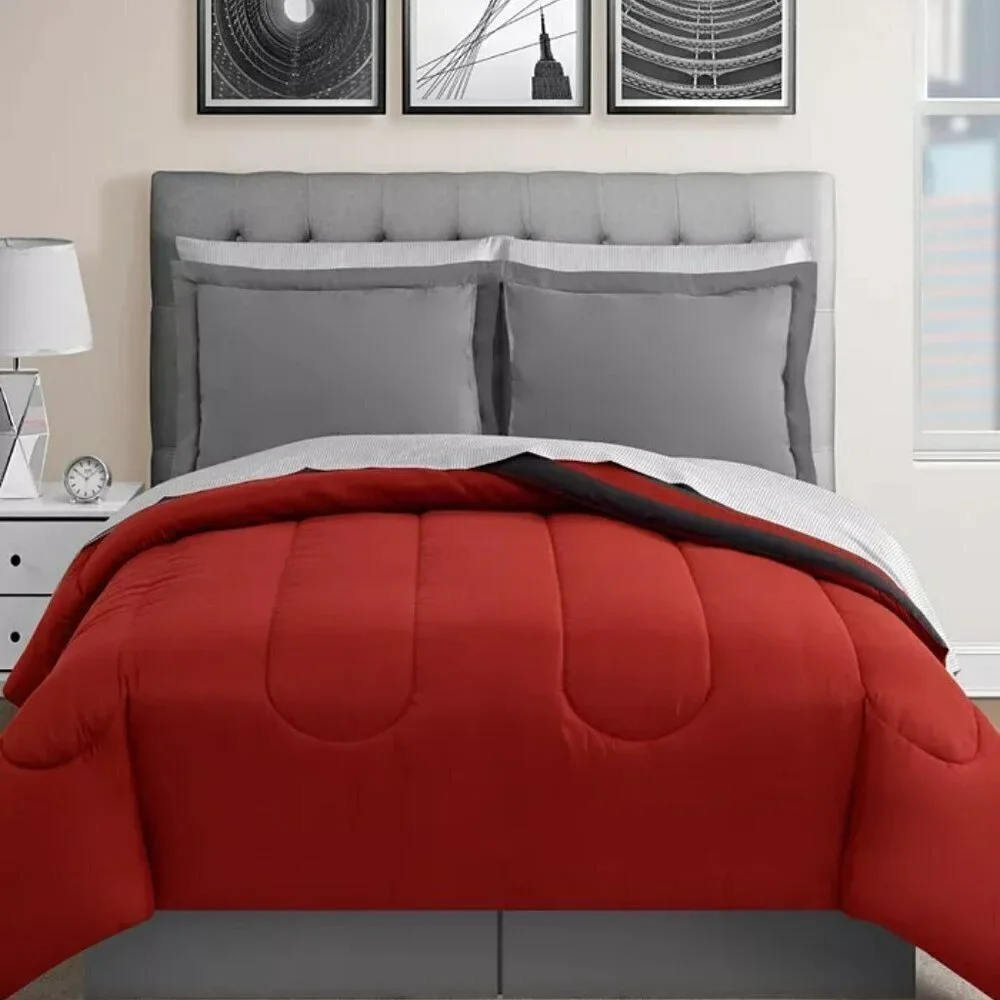 Stripe/Solid Reversible 6Pc. Comforter Set Twin Size Red/Gray/ Black